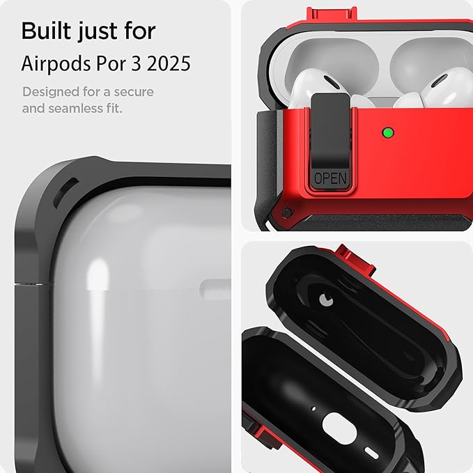 for Airpods Pro 3 Case with Lock Clip, Rugged Apple Airpods Pro 3rd Generation Cover 2025 Men Women, Armor Shockproof iPod Pro3 Gen Protective Hard Shell with Carabiner&Cleaner kit, Black/Red
