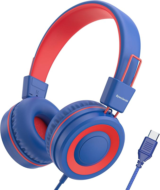 Upgrade USB Type C Kids Headphone for School, 94dB Safe Volume Limited, HD Stereo Sound, Foldable Lightweight On-Ear Headphones for Boys/Girls/Students/Tablet/Travel(Navy Blue)