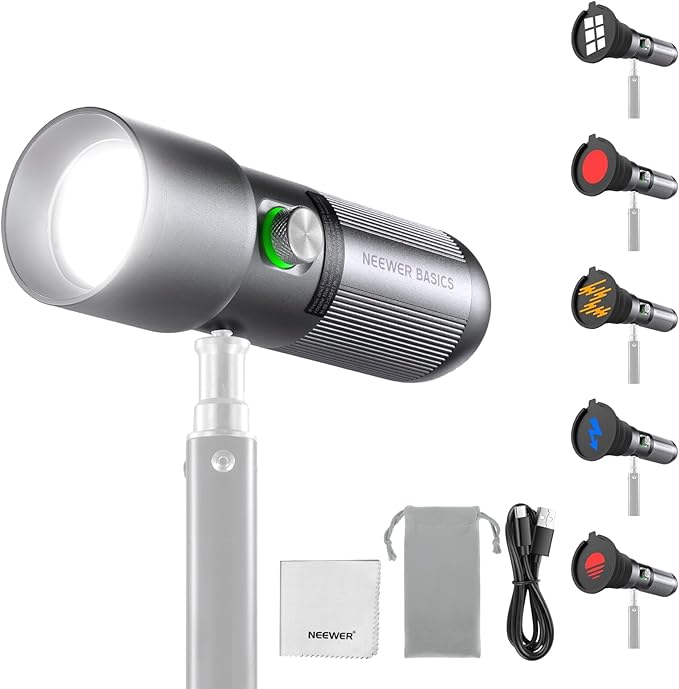 NEEWER BASICS RGB Photography Flashlight, 4 Color 10W Portable LED Video Spotlight with 20 Gobo Filters/7500mAh, Aluminum Alloy Patterned Ambient Sunset Light for Video Recording Studio Lighting, FL10