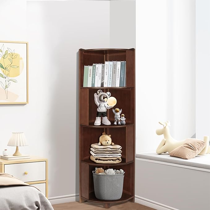 DOUSY-4 Tier Bamboo Corner Shelf, Modern Corner Bookshelf, 56.2" Tall Stylish Book Case Display Rack Plant Stand for Living Room, Bedroom, Home Office, Kitchen, Walnut