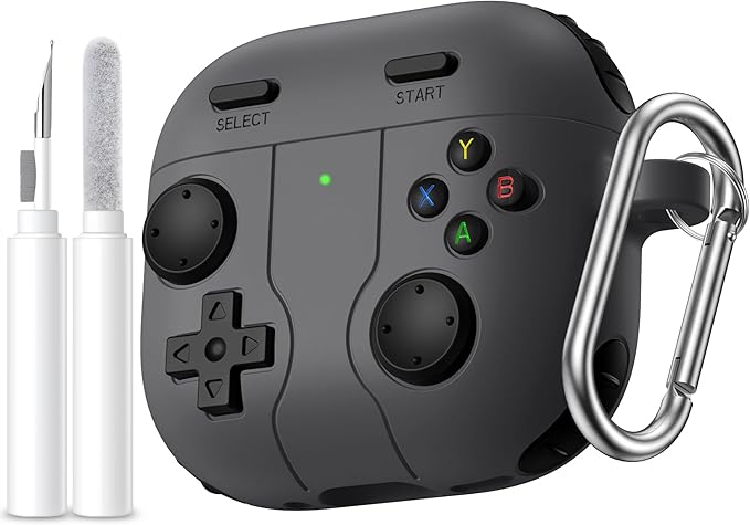 Getino Game Case for AirPods 4 2024 Cover with Cleaner Kit, Keychain, Compatible with Apple Airpods 4 Case Covers, Cute Funny Shock-Proof Protective Silicone AirPod 4 Cases for Men Boy-Black