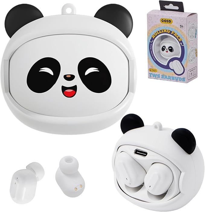 Kids Wireless Earbuds with Rotating Chaging Case Wireless Bluetooth Earbuds for Kids, Kid Ear Buds with Mic, 88dB Safe Volume, Earphones Earpods in-Ear for Android iOS Cell Phone Laptop, Panda