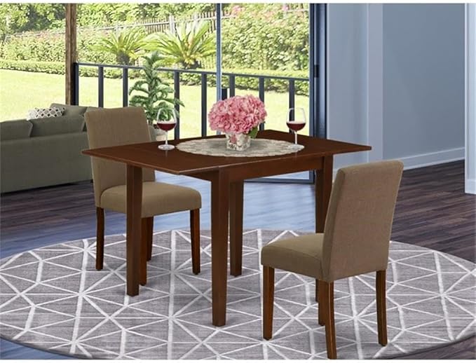 East West Furniture 1NDAB3-MAH-18 3 Piece Kitchen Table Set Contains a Rectangle Dining Room Table with Dropleaf and 2 Coffee Linen Fabric Parson Dining Chairs, 30x48 Inch, Mahogany