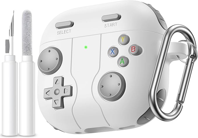 for AirPods 4 2024 Case Cover with Cleaner Kit, Keychain, Compatible with Apple Airpods 4 Case Cover, Cute Funny Game Console Shock-Proof Protective Silicone AirPod 4 Case Covers for Men Boy-White