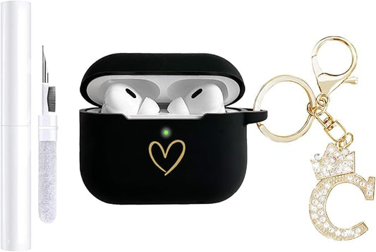 Compatible with AirPods Pro 3 Case Cover (2025), Soft Silicone Case with Gold Heart Pattern for AirPods Pro 3rd Generation Case with Rhinestone Studded Letter A-Z Keychain (C Black)