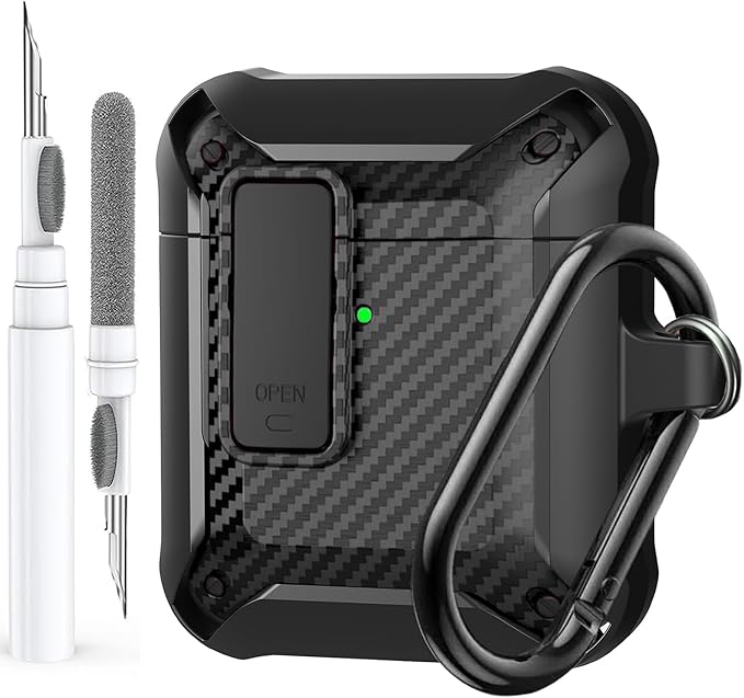 for Airpods 2nd 1st Generation Case Men Lock with Cleaner Kit, Rugged AirPod 2/1 Gen Protective Hard Cover Shockproof Skin Boys Women with Keychain for Apple iPods 2nd/1st Cases, Black