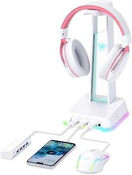 PHNIXGAM RGB Headphone Stand with 3.5mm AUX and 3 Port USB 2.0 Hub, White
