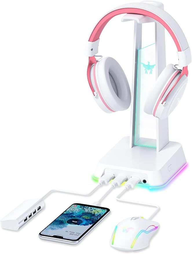 PHNIXGAM RGB Headphone Stand with 3.5mm AUX and 3 Port USB 2.0 Hub, White