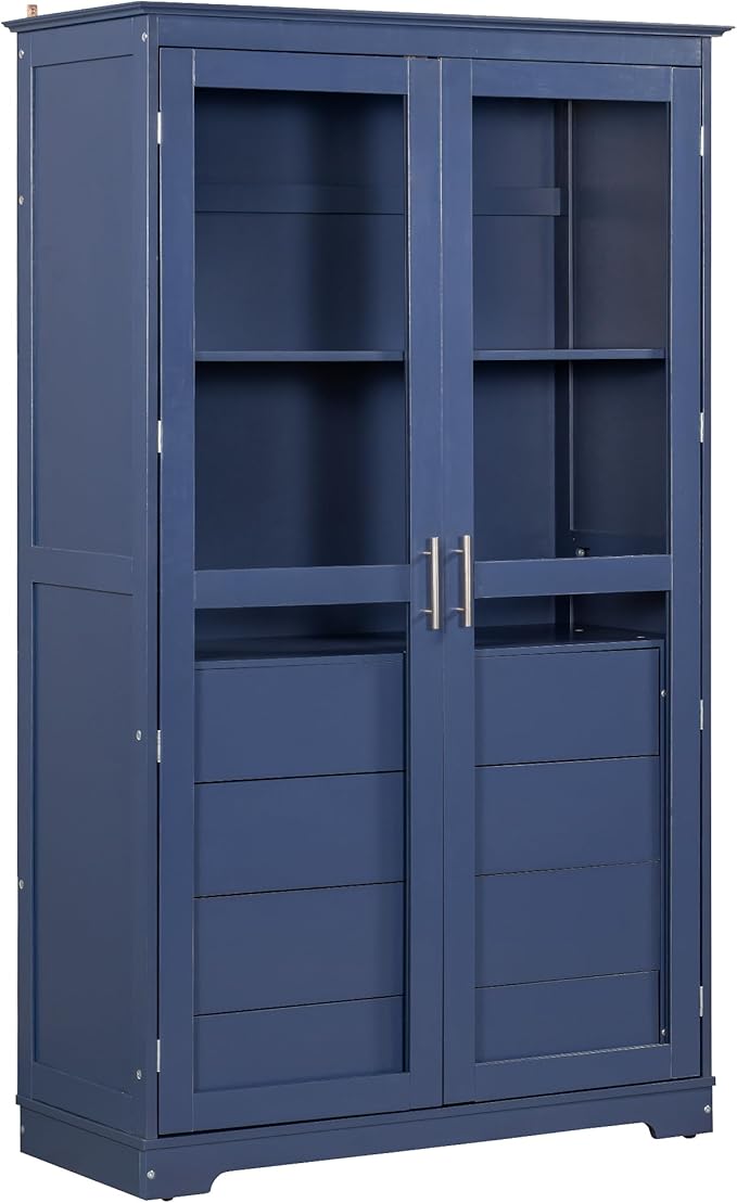 Kitchen Pantry Cabinet 44.7Wx20Dx75H inch, Freestanding Storage Display Cabinets with Glass Doors and 4 Built-in Drawers for Living Room, Home Office,Blue