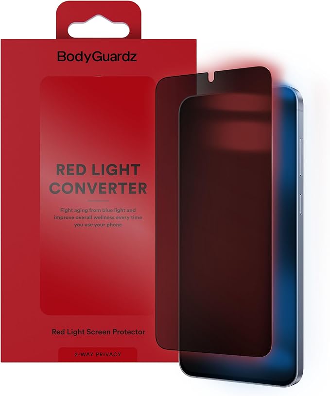 BodyGuardz Red Light Converter Privacy Screen Protector – Passive Red Light Therapy for Face - Promotes Better Sleep, Healthier Skin, Reduced Eye Strain - Privacy Glass, Easy Install (Galaxy S26+)