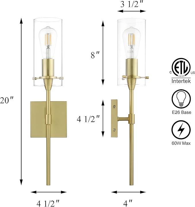 XiNBEi Lighting Gold Wall Sconce Modern Single Bathroom Sconce Light with Clear Glass Brass Wall Light Fixtures for Vanity & Living Room
