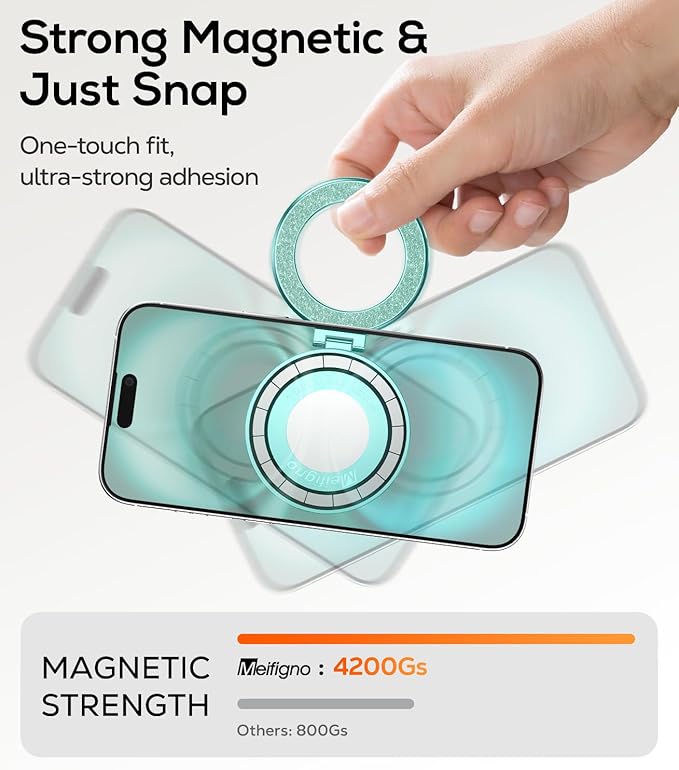 Upgraded Magnetic Phone Ring Stand Built in Mirror for Magsafe, [Electroplated & Glitter], Phone Ring Holder Grip Kickstand for iPhone 17 Pro Max 16 15 14 13 12 Series for Girl Women, Teal