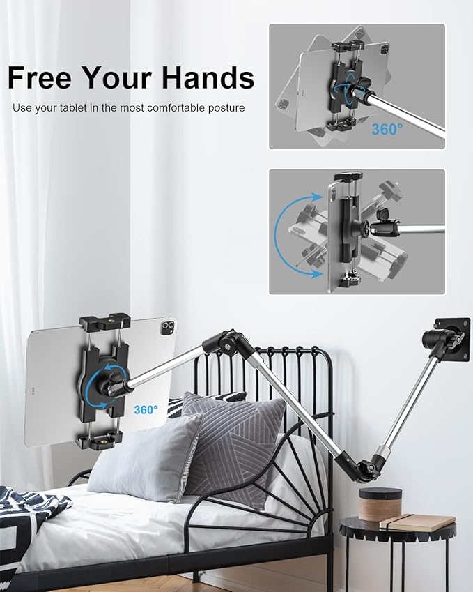 Tablet Wall Mount Holder, 35" Aluminum Foldable Arm, 360 Degree Angle Adjustable for Kitchen/Desk, for iPad Pro Air Mini, Galaxy Tab, Z Fold, Fire HD, Switch, iPhone, Camera, Webcam, 4.7-13" Devices