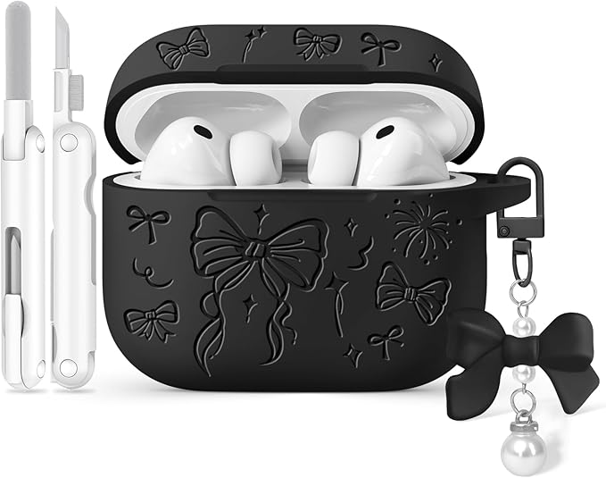 for Airpods Pro 3 Case Cover, Joremx Cute Bow Engraved Silicone Protective Case Cover with Keychain, Cleaner Kit for Airpods Pro 3rd Generation (2025) (Black)