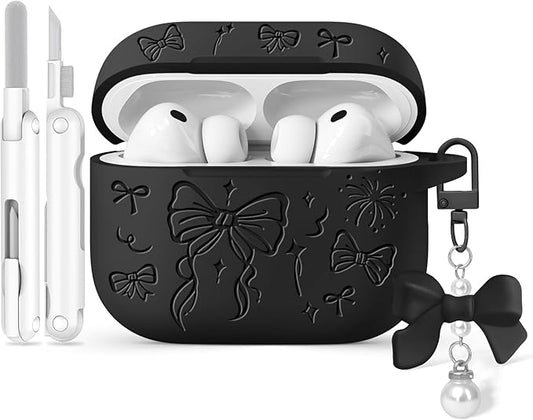 for Airpods Pro 3 Case Cover, Joremx Cute Bow Engraved Silicone Protective Case Cover with Keychain, Cleaner Kit for Airpods Pro 3rd Generation (2025) (Black)