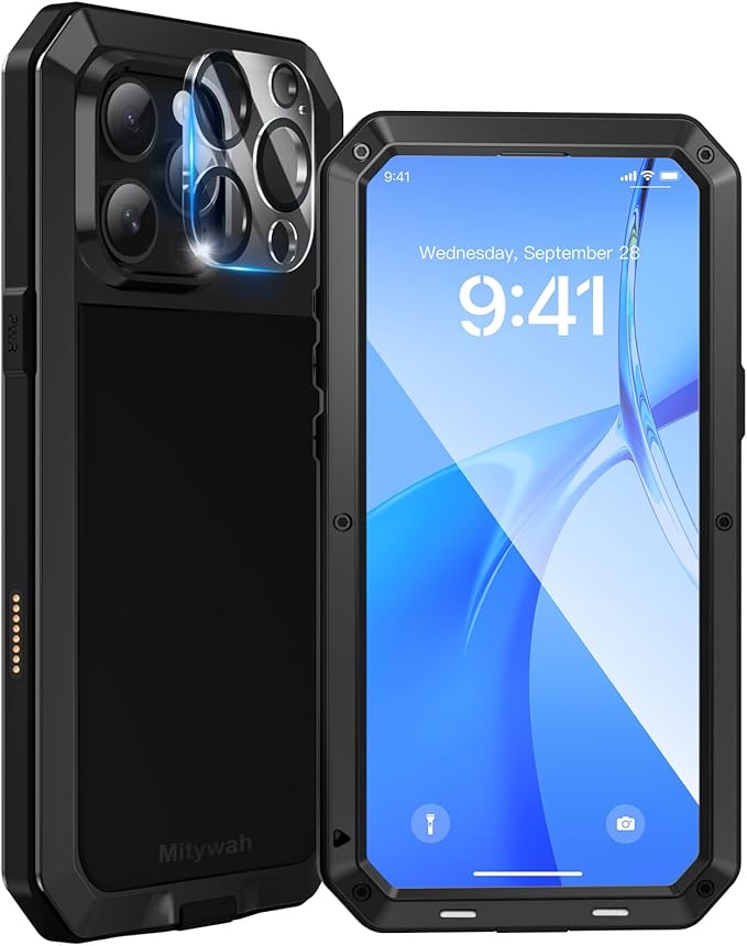 Mitywah Metal Case for iPhone 16 Pro, Heavy Duty Rugged Phone Case Built-in 9H Temperd Screen Protector, Military Grade Full Body Protective Dual Layer Bumper Protective Case for 16 Pro 6.3" Black