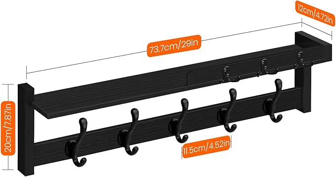 Homode Coat Rack with Shelf, 29 Inch Long Wooden Coat Hanger Wall Mount with Key Rack and Mail Holder, Entryway Wall Hooks with Shelf for Bathroom Living Room Bedroom Hallway Kitchen, Black
