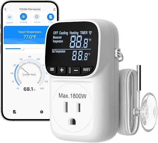 DEWENWILS Smart WiFi Temperature Controller Outlet, 15A/1800W, 24H Timer