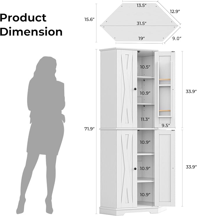 IRONCK Corner Cabinet, 72" H Kitchen Pantry Storage Cabinet, 4 Barn Doors with Storage Rack, 4 Adjustable Shelves, 6-Tier Tall Food Pantry Cabinet, Farmhouse Hutch for Kitchen Dining Room, White