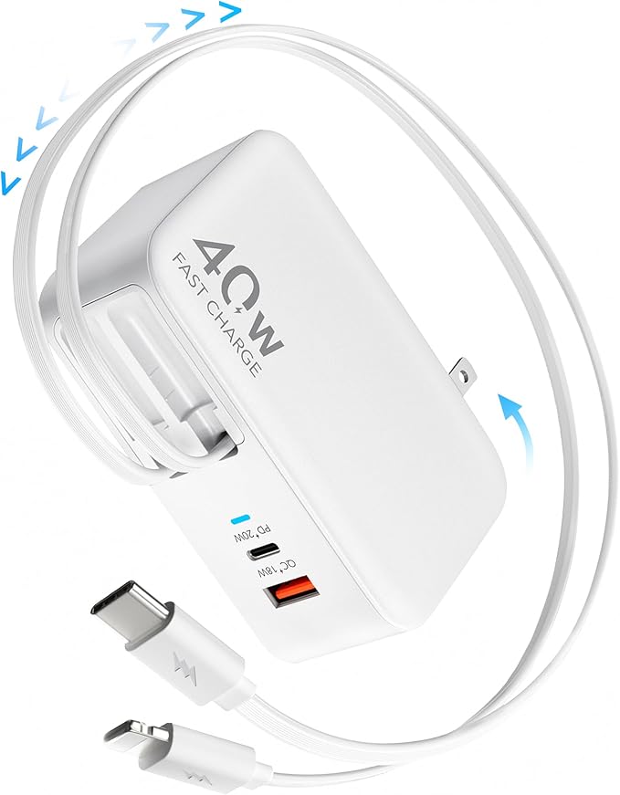 4-in-1 Retractable USB C Wall Charger,40W Fast Charging for Multi-Device