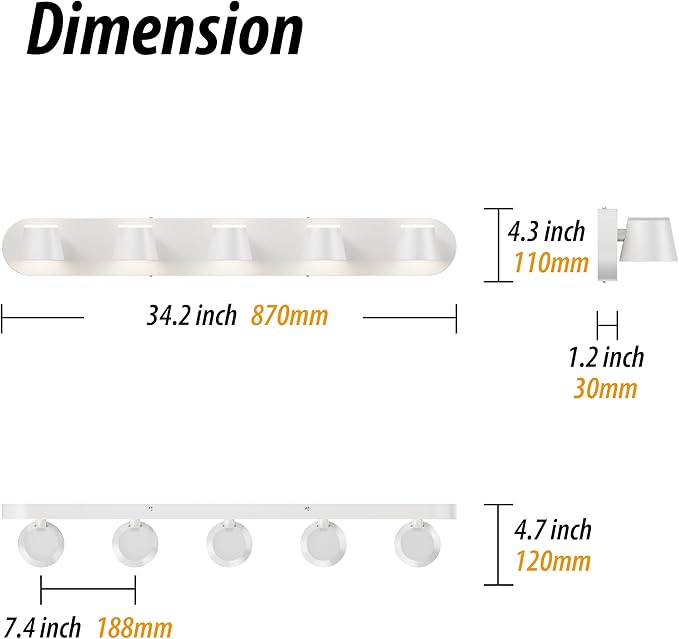 URSOLA 5 Light Bathroom Vanity Light LED White Wall Light Fixtures Up and Down Rotatable Dimmable 34 inch Bathroom Lighting