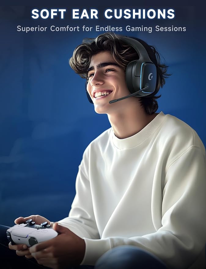 2.4GHz Wireless Gaming Headsets for PS5, PS4, PC, Switch - Bluetooth 5.3 Gaming Headphones with Noise Canceling Mic, 7.1 Surround Sound, 70H Battery, Blue Lighting - Matte Black