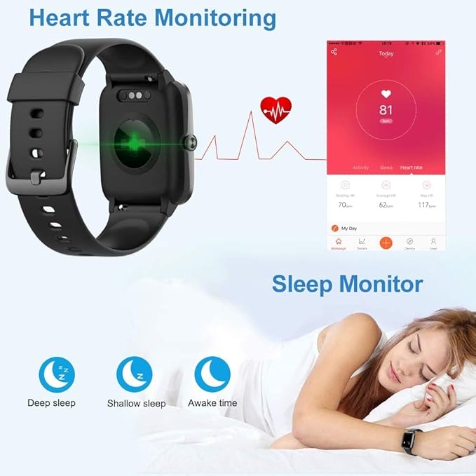 Smart Watch for iPhone/Android, Activity Fitness Tracker with IP68 Waterproof for Men Women, Smartwatch with 1.3" Full-Touch Color Screen, Step, Pedometer, Heart Rate Monitoring & Sleep Monitor, Black