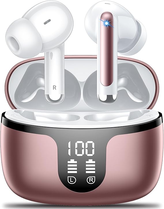 Wireless Earbuds, Bluetooth 5.4 ear buds with 4 ENC Noise Cancelling Mics, Bluetooth Earbuds with 48H Playtime, IPX7 Waterproof Workout earbuds, Rose headphones HiFi Sound LED Display for iOS Android
