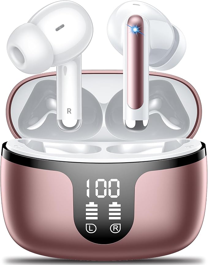Wireless Earbuds, Bluetooth 5.4 ear buds with 4 ENC Noise Cancelling Mics, Bluetooth Earbuds with 48H Playtime, IPX7 Waterproof Workout earbuds, Rose headphones HiFi Sound LED Display for iOS Android