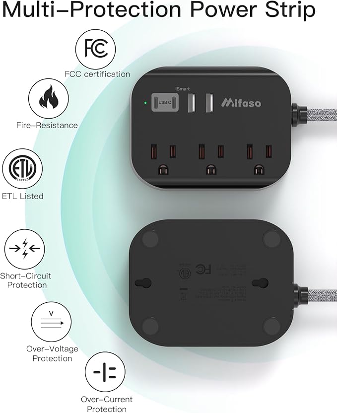 Travel Essentials - 1Ft Power Strip with USB, Compact Flat Plug Extension Cord with 3 Outlets 4 USB Ports, Non Surge Cruise Must Haves, Cruise Ship Essentials, Dorm Room, Apartment Essentials