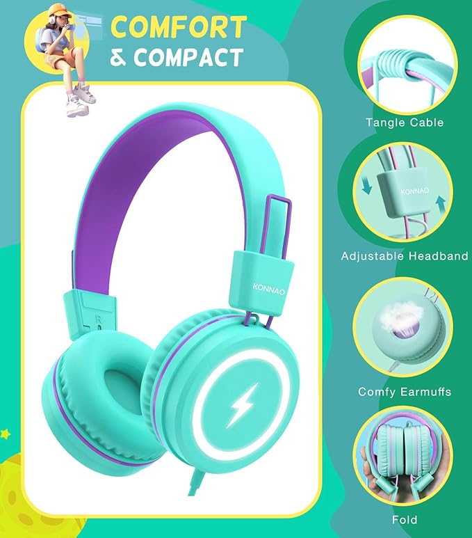 Kid Headphones for School, USB Type C Kids Headphone with LED Lights, Wired Boys Girls Headphones with Safe Limiter 85dB/94dB, Foldable On Ear Headphones with Microphones for School/iPad, Green