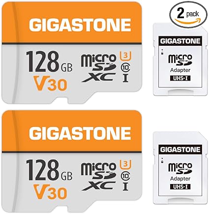 GIGASTONE 128GB Micro SD Card 2-Pack, A1 V30 4K Video Recording, Compatible with Security Camera, Dash cam, Drone, 95MB/s MicroSDXC Memory Card UHS-I Class 10, with 2 SD Adapter