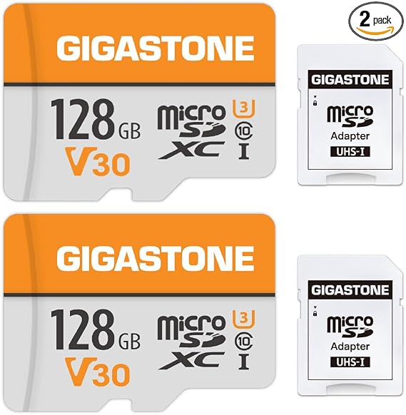 GIGASTONE 128GB Micro SD Card 2-Pack, A1 V30 4K Video Recording, Compatible with Security Camera, Dash cam, Drone, 95MB/s MicroSDXC Memory Card UHS-I Class 10, with 2 SD Adapter