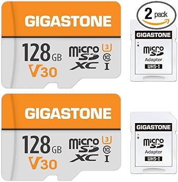 GIGASTONE 128GB Micro SD Card 2-Pack, A1 V30 4K Video Recording, Compatible with Security Camera, Dash cam, Drone, 95MB/s MicroSDXC Memory Card UHS-I Class 10, with 2 SD Adapter