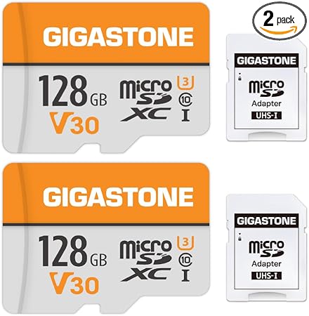 GIGASTONE 128GB Micro SD Card 2-Pack, A1 V30 4K Video Recording, Compatible with Security Camera, Dash cam, Drone, 95MB/s MicroSDXC Memory Card UHS-I Class 10, with 2 SD Adapter