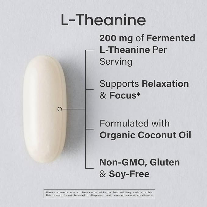 Sports Research Double Strength L-Theanine Supplement - Suntheanine Softgels for Focus, Relaxation & Alertness - Non-Drowsy Support Made with Coconut Oil, Non-GMO & Gluten Free - 200mg, 60 Count