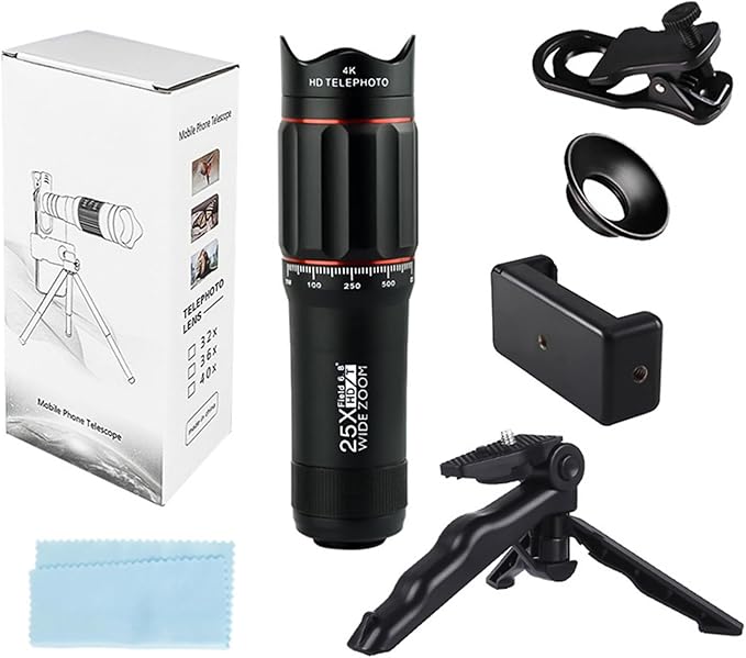 Andoer 25x Macro Telephoto Smartphone Lens Kit with Phone Clip Holder, 25X Telephoto Lens, Black