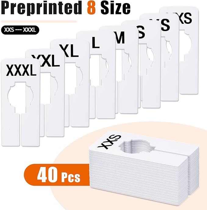 tutata 40 PCS Closet Dividers, Writable and Reusable Closet Rack Dividers Hangers, Preprinted in 8 Sizes XXS, XS, S, M, L, XL, XXL, XXXL (White)
