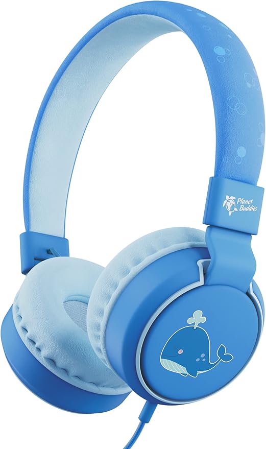 Planet Buddies Whale Kids Headphones Wired, On Ear Headphones for Todler, 85db Volume Limited, Safe Foldable Earphones for Kids with Microphone, Childrens Headset for School/Tablet/Travel - Blue