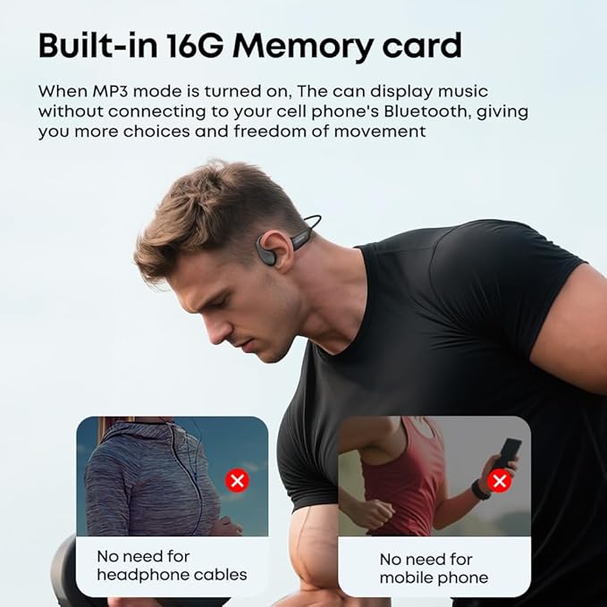 Langsdom BE20 Bone Conduction Sports Headphones with 16GB MP3, Bluetooth 5.4, IP68 Waterproof, Open-Ear Running Headset with Mic, 8.5H Playtime, Noise Reduction, Dual Connection (Black)