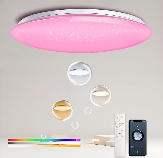 WF-Version LED Ceiling Light with Speaker 40W 13Inch Control via app/Voice/Remote Adjustable Brightness & Color Temperature Ceiling Lamp RGB Ambient Lighting for Bedroom Kids Room and More