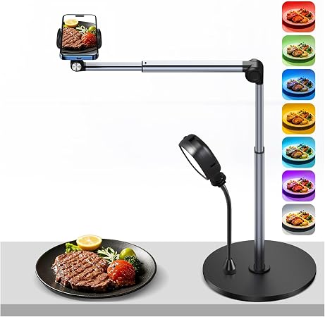 Overhead Phone Mount with RGB Light, Phone Holder for Content Creators, Flexible Articulating Arm Phone Mount for Desk for Live Streaming, Meeting, Cooking, Filming, Nail Techs - Perfect for Creators