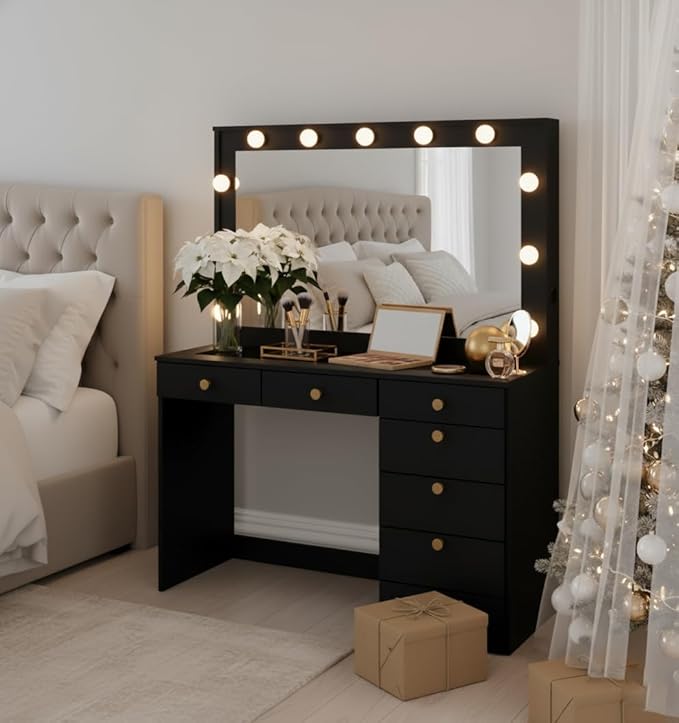 Boahaus Serena White Makeup Vanity with Mirror and 11 Lights, 7 Drawers, Glass Top, Crystal Knobs, USB-A & USB-C Ports, 110V Power Outlet, Bedroom Vanity Desk (Black)