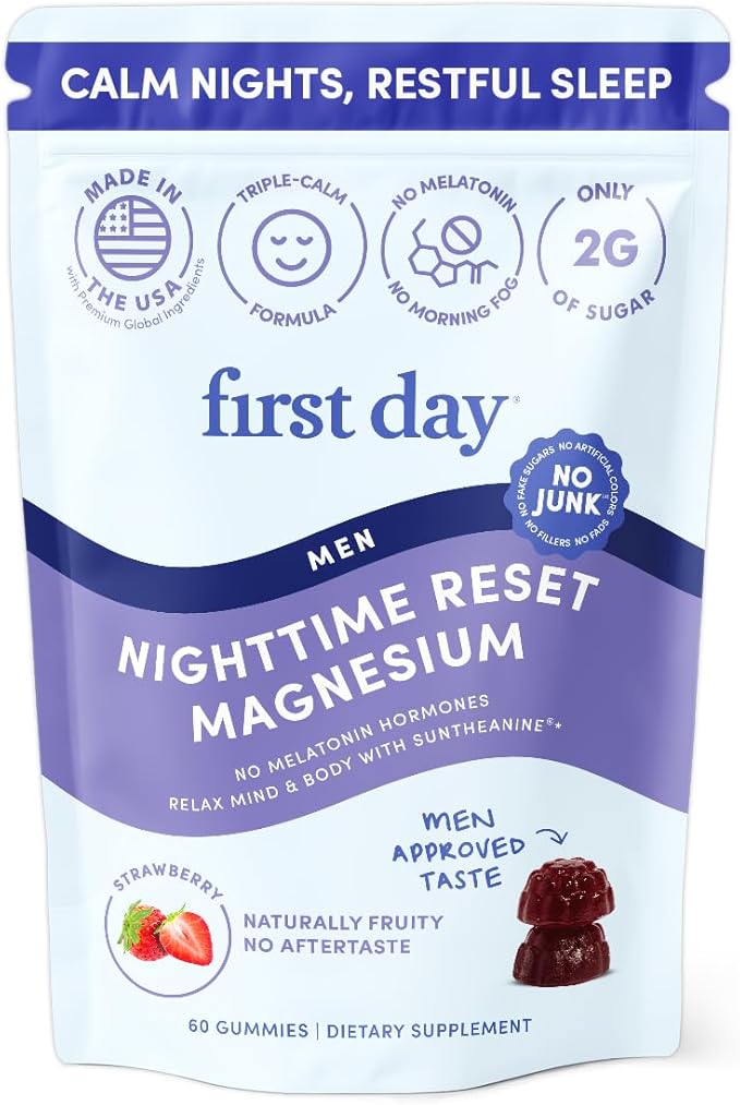 First Day Men’s Nighttime Reset Calming Magnesium Gummies – Sleep Aid Supports Peaceful Rest, Balanced Mood & Energy – Supplement with Magnesium Citrate, L-Theanine & No Melatonin – 30-Day Supply