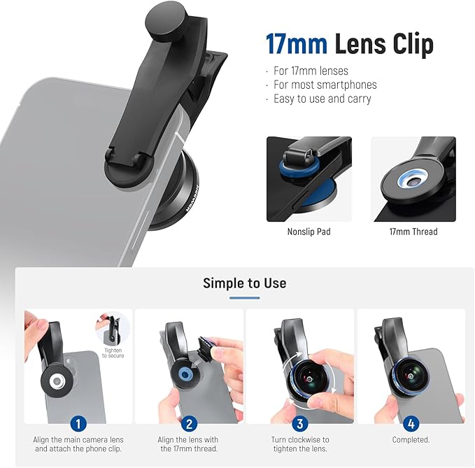 NEEWER 8mm Fisheye Lens with 220 Wide Angle & 17mm Thread Phone Lens Clip, Also for 17mm Threaded Phone Cage/Case/Clamp/Backplate, LS-29 PRO