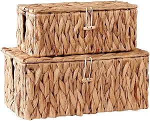 Cable Management Box with Lids, Handwoven Rattan Cord Organizer with Open Slots, 2 Pack Desk Storage Basket to Hide Power Strips & Cords for Office