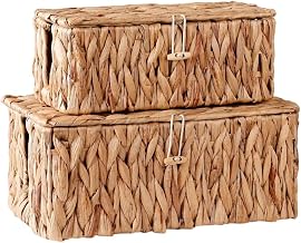Cable Management Box with Lids, Handwoven Rattan Cord Organizer with Open Slots, 2 Pack Desk Storage Basket to Hide Power Strips & Cords for Office - Image 1