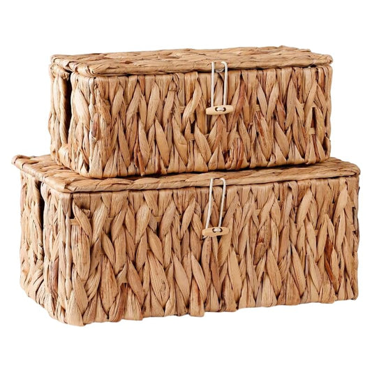 Cable Management Box with Lids, Handwoven Rattan Cord Organizer with Open Slots, 2 Pack Desk Storage Basket to Hide Power Strips & Cords for Office