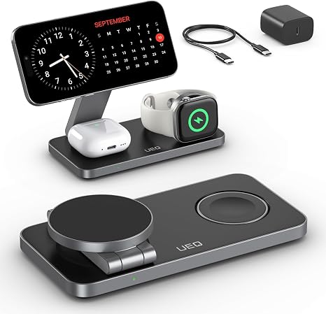 UEQ Foldable 3 in 1 Wireless Charging Station for Apple Magsafe Charger Stand,Fast Magnetic Wireless Charger Station for iPhone 17 Air 16 15 14 13 12 Series,Airpods Pro,Apple Watch Ultra (Pure Black)