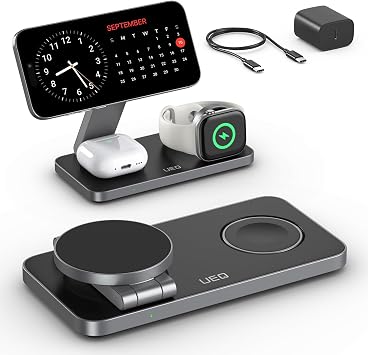 UEQ Foldable 3 in 1 Wireless Charging Station for Apple Magsafe Charger Stand,Fast Magnetic Wireless Charger Station for iPhone 17 Air 16 15 14 13 12 Series,Airpods Pro,Apple Watch Ultra (Pure Black)